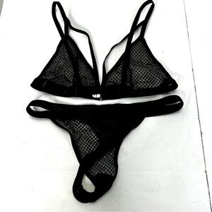 3PC Fishnet Set Garter Belt, Top and Bottom Black Size M